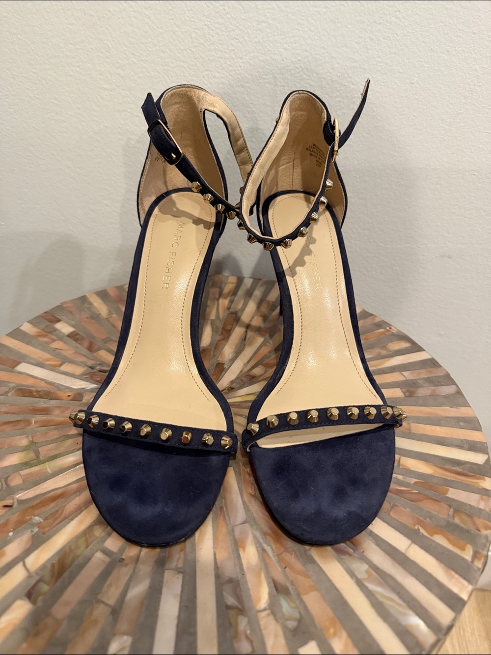 Marc Fisher Navy Suede Studded Ankle-Strap Heels - size 6.5